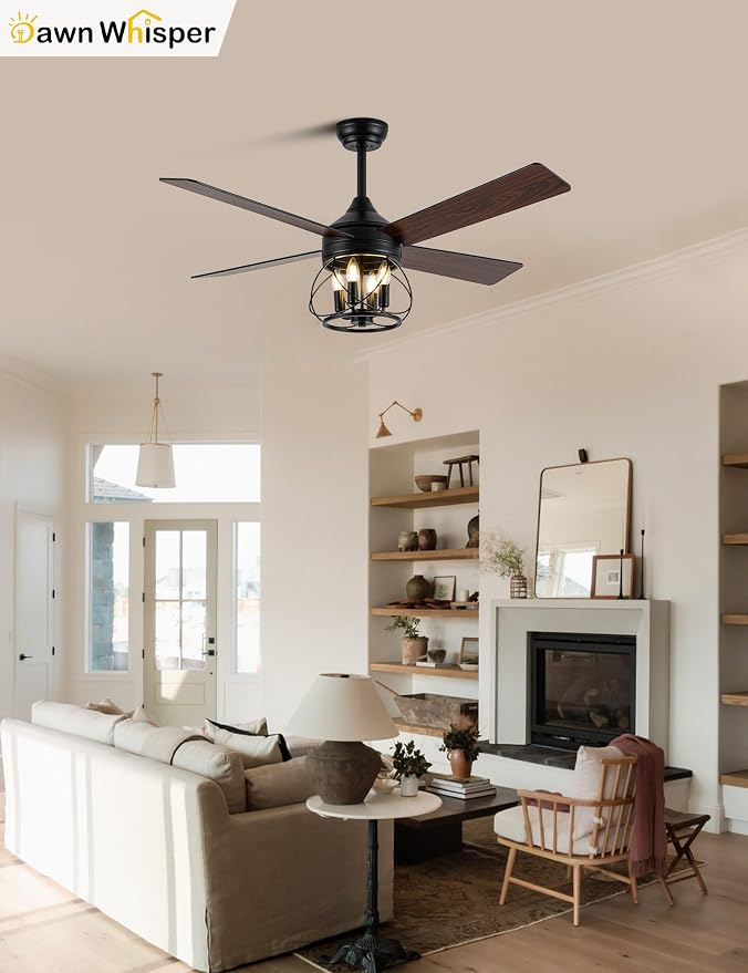 Dawn Whisper 52 Inch Rustic Farmhouse Ceiling Fans with Lights and Remote Quiet and Reversible DC Motor Black Industrial Caged Ceiling Fan for Bedroom Living Room