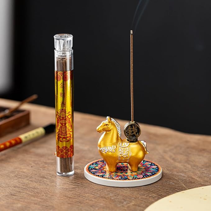 Horse Incense Burner-Resin Fortune Horse Incense Holder with Tray & Gift Box,Aromatherapy Decor for Yoga, Meditation,Home Office,Horse Lover Gift (Golden)