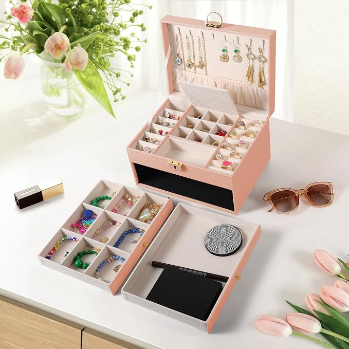 coobest 3 Layer Jewelry Box, Jewelry Holder with Lockable Drawer, Large Jewelry Boxes & Organizer with Velvet Earring Holder, Gifts for Mom Women