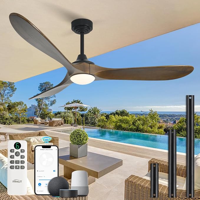 60” Outdoor Ceiling Fan with Light 3 Downrods, Smart Wood Ceiling Fan Compatible with Alexa/Google/App, 3 Blades Modern Walnut Wood Ceiling Fans for Kitchen Living Room Patio,Bronze