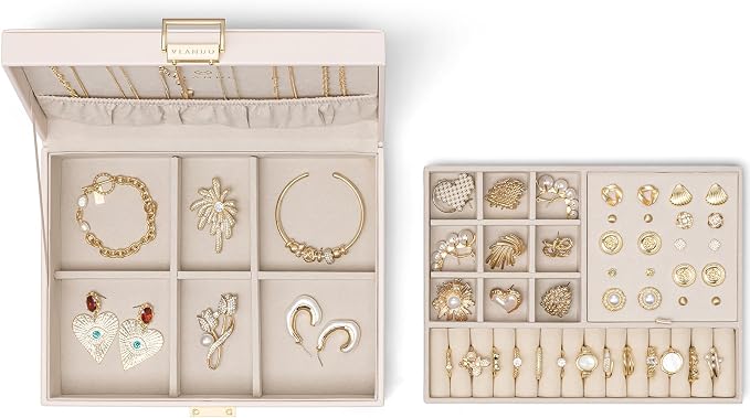 VLANDO 2 Layer Jewelry Box Large Jewelry Organizer for Women Removable Jewelery Tray for Necklace Earrings Rings Bracelets Mothers Gifts for Mom Wife (Light Pink)