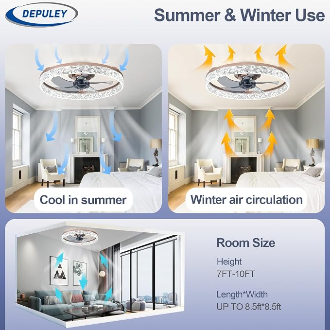 Depuley Bedroom Ceiling Fans with Lights: 20" Modern Low Profile Flush Mount Bladeless Ceiling Fan with App Remote Control - Brown Fandelier for Living Room Kitchen Dimmable Quiet DC Motor