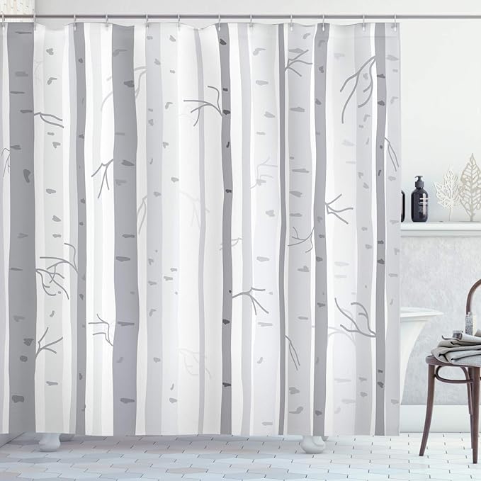Ambesonne Grey Shower Curtain, Birch Trees in Autumn Branches Forest with Soft Colors in Modern Graphic Print, Cloth Fabric Bathroom Decor Set with Hooks, 69" W x 84" L, Grey Ceil