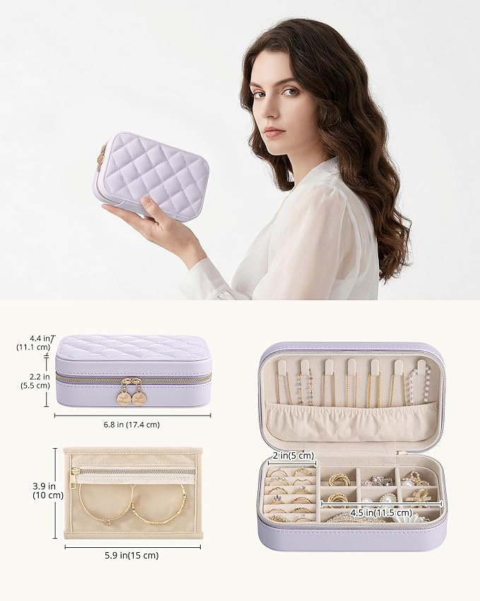 Lolalet Travel Jewelry Case for Women Girls, PU Leather Jewelry Organizer with Clear Storage Bag Small Portable Jewelry Box for Necklace Bracelet Earring Ring Birthday Bridesmaid Gifts -Medium/Purple