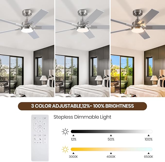 Ceiling Fans with Lights, 52 inch Brushed Nickel Ceiling Fans with Lights and Remote Control, Reversible, 3CCT, Dimmable, Noiseless, Downrod, Modern Ceiling Fan for Bedroom, Indoor/Outdoor Use
