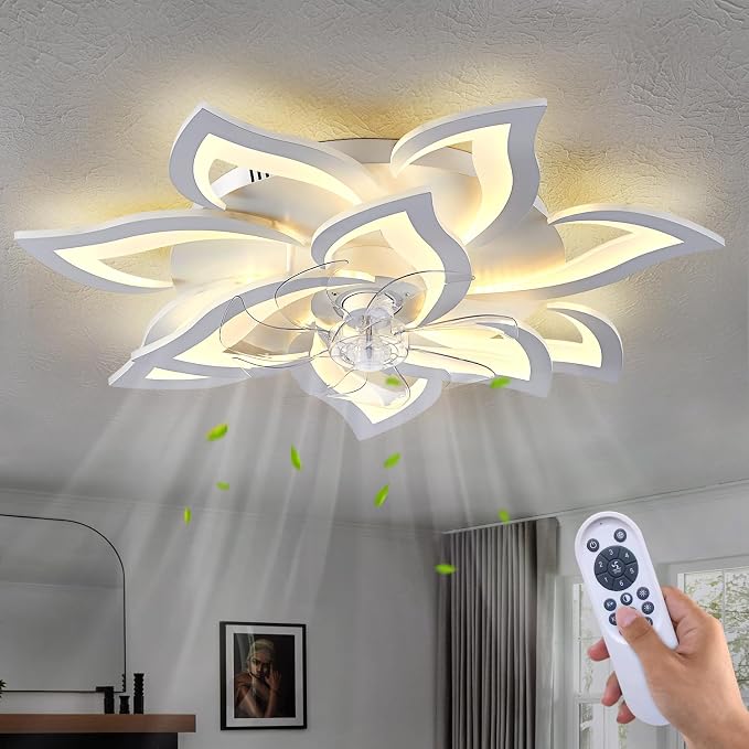 Dalouguan Modern Ceiling Fan with Lights Remote Control, 32" White 6 Speeds 3 Light Color Low Profile Flush Mount Ceiling Fan for Kitchen Bedroom