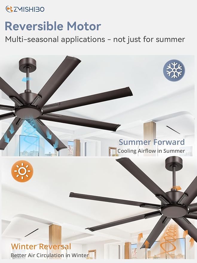 ZMISHIBO 65 Inch Industrial DC Motor Ceiling Fan, Large Ceiling Fan with 8 Reversible Blades, 3 Downrods, 6-Speed Remote Control, Home or Commercial Ceiling Fans for Porch/Garage/Shop, Oil-bronze