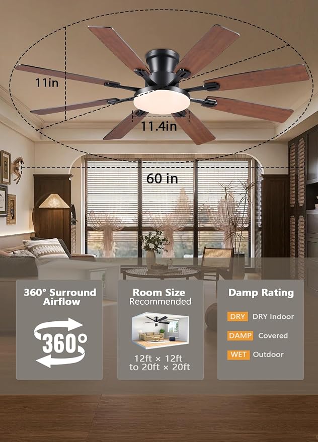 JSAITEE 60Inch Ceiling Fan with Lights, Large Low Profile Flush Mount,Brown | Ceiling Fans,DC Reversible Motor Noiseless, 3CCT Dimmable, Dual Finish, 6 Speeds Ceiling Fan for Indoor/Outdoor