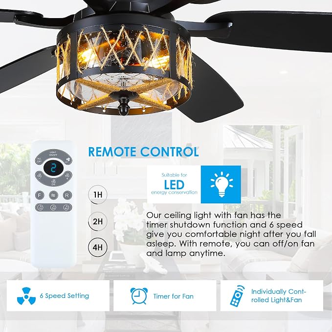 Hounberi 52" Farmhouse Ceiling Fan with Light and Remote, Black Industrial Caged Ceiling Fans with Seeded Glass & Jute Rope Shade, Reversible DC Motor, Rustic Ceiling Fan for Dining Room Bedroom