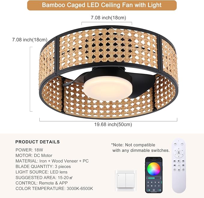 Ganeed 20" Handwoven Rattan Boho Ceiling Fans with Lights, Dimmable RGB LED Wicker Caged Ceiling Fan with Light and Remote, 6 Speed/Reversible Motor Rattan Fandelier for Bedroom Dining Room Nursery