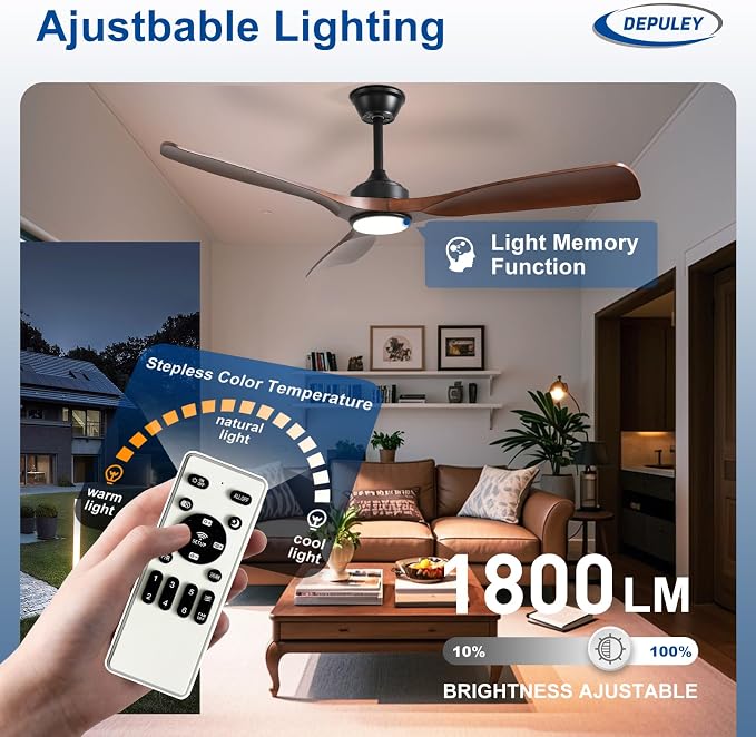 Depuley 52-Inch Ceiling Fan with Light: Walnut 3 Blade Outdoor Fans for Patios - Dimmable Indoor Fan with Remote Control Fandelier Ceiling Fans Ultra Quiet DC Motor Reversible 6 Speed Timer