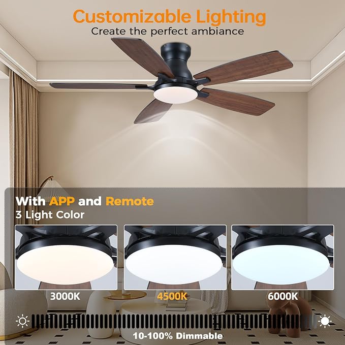 JSAITEE 46 Inch Low Profile Flush Mount Ceiling Fan with Lights, Brown | 46In Flush Mount Ceiling Fan with 3CCT Dimmable, 6 Wind Speeds and Timing, Low Profile Fan for Modern
