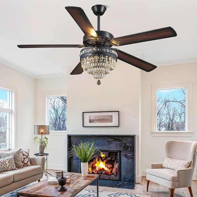 62" Black Crystal Chandelier Ceiling Fans with Lights and Remote Control | Classical Design,6 Reversible Speeds,30W Quiet DC Motor,5 Wooden Blades,3*E12 LED Bulbs Included,for Living Room Bedroom