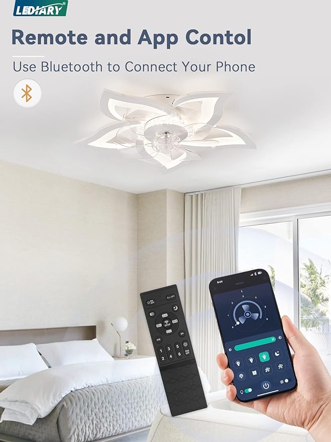 LEDIARY Flower Ceiling Fans with Lights, Small 27 Inch Modern Low Profile Ceiling Fan, Dimmable LED Ceiling Light Fixture, Flush Mount Ceiling Fans with Remote for Bedroom, Kitchen, Indoor-White