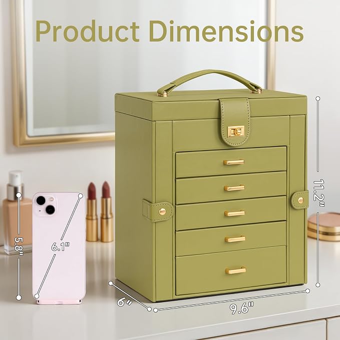 AKOZLIN 6-Tier Jewelry Box Organizer Functional 5 Drawers Leather Jewelry Storage Case for Women Girls Ring Necklace Earring Bracelet Holder Organizer with Mirror Medium Green
