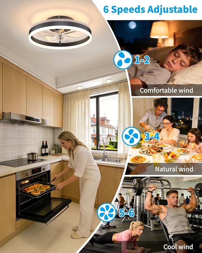 RGB Ceiling Fan with Lights, Low Profile Ceiling Fans with Lights and Remote, Flush Mount LED Fan Light, Modern Bladeless Fandelier for Bedroom Works with APP, 16IN Black