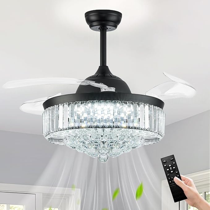 42'' Fandelier Ceiling Fans with Light, Chandelier Ceiling Fan, Retractable Ceiling Fan for Bedroom, Living Room, 3 Color Change, LED Dimmable, 6 Speeds, Reversible DC Motor- Black