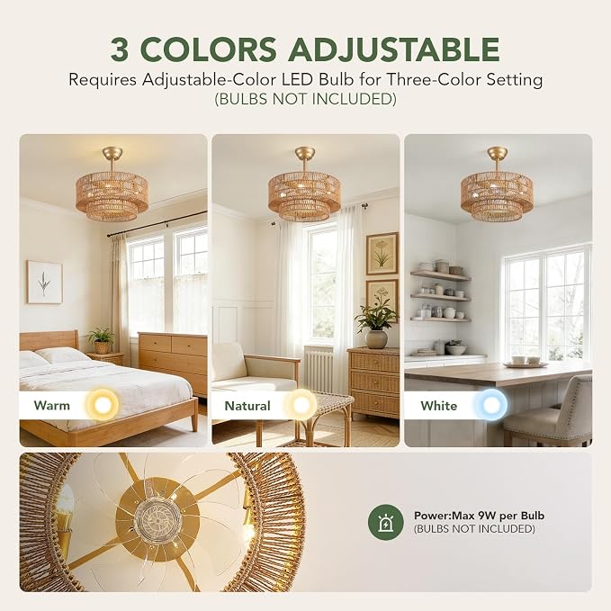 20" Boho Ceiling Fan Light and Remote, Rattan Ceiling Fan light Caged Fandelier with Lights Flush Mount, 6 Wind Speeds Enclosed Ceiling Fan for Bedroom, Living Room, Dining Room