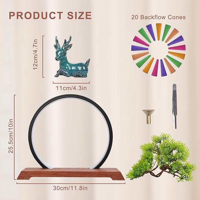 Backflow Incense Holder with LED Light Ring Ceramic Backflow Incense Burner with 20 Incense Cones LED Incense Burner for Home Office Decor Yoga Aromatcherapy