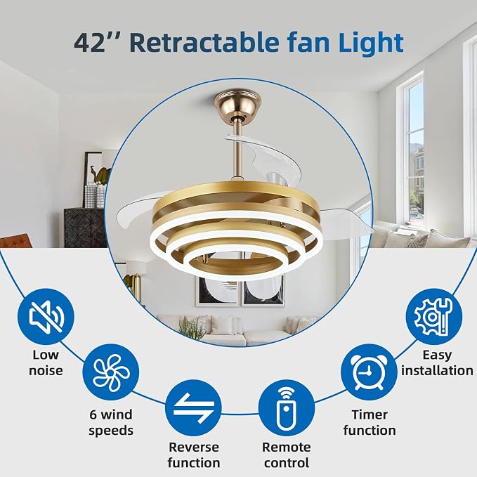 42 Inch Retractable Ceiling Fan with Lights, Fandelier Gold Ceiling Fan with 6 Speeds,3000K-6000K Adjustable,DC Motor,Chandelier Ceiling Fans with Lights and Remote for Bedroom Living Room