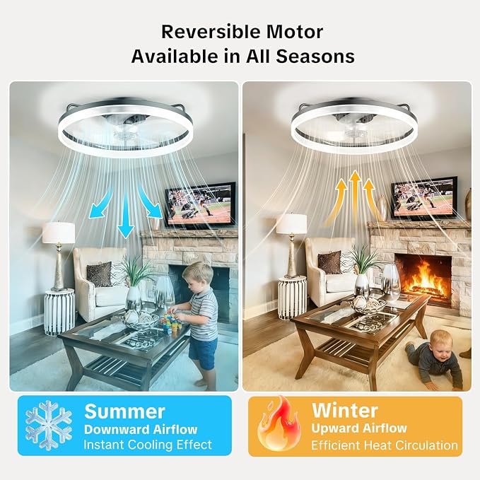 AIKVSXER Ceiling Fan with Lights and Remote, 20in Modern Ceiling Fans | 3000K-6500K Smart Ceiling Fans with Lights, Low Profile Flush Mount Ceiling Fan with Light, Quiet Ceiling Fan for Bedroom