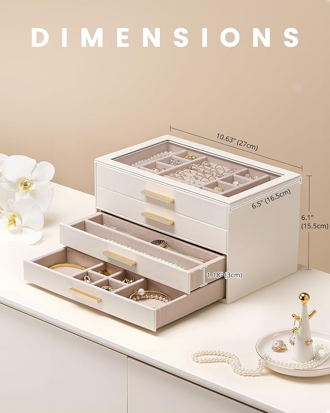 Lolalet Jewelry Box Organizer, 4-Layer Jewelry Organizers and Storage Case with Glass Lid, Ring Earring Bracelet Necklace Holder Organizer, Birthday Valentine Gifts for Women Girls -4Layer, Beige