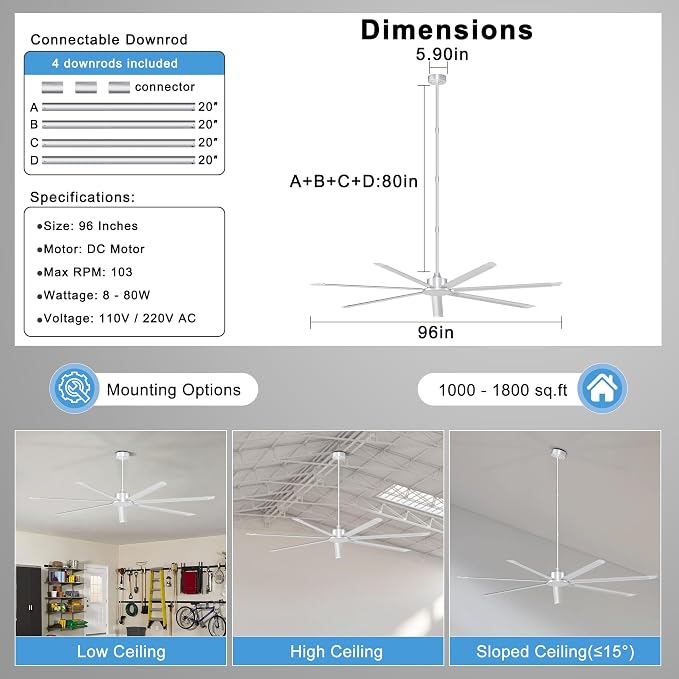 Ohniyou 96'' Industrial Ceiling Fan Without Light for Workshop, Silver | 17500 CFM Airflow, 7 Aluminum Blades, Remote/APP Control, 6 Speeds, Reverse Mode, Large Commercial Metal Fan for Gym, Shop