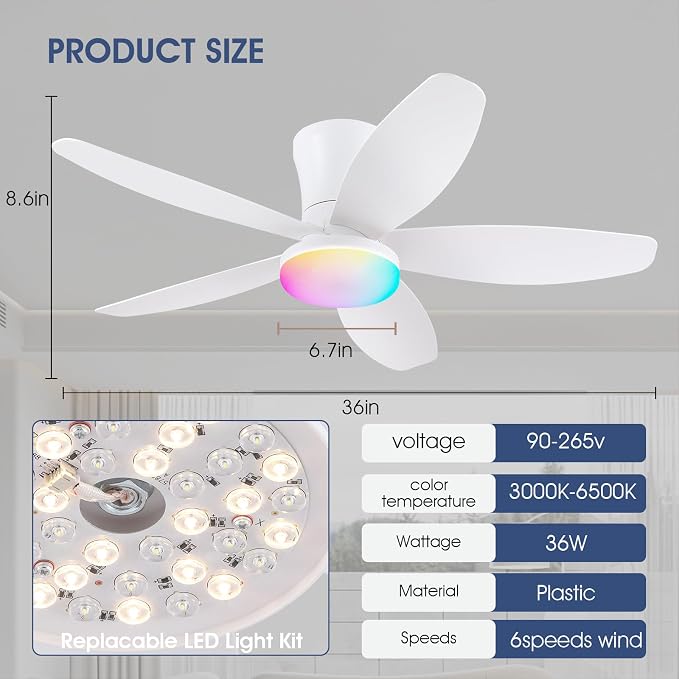 Surtime Flush Mount RGB Ceiling Fans with Lights-36 Low Profile Ceiling Fan with Light and Remote/APP Control,DC Reversible,LED Dimmable Ceiling Fans for Bedroom,Indoor/Outdoor Patio Use(White)