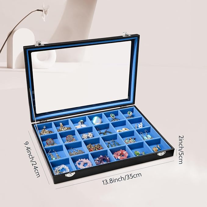 Stratalife 24 Grid Earring Organizer, Jewelry Holder Organizer with Lid | PU Leather Storage Box for Earring, Ring, Studs and Trinkets, Soft Velvet Drawer Organizer for Women, Dustproof, Blue Black