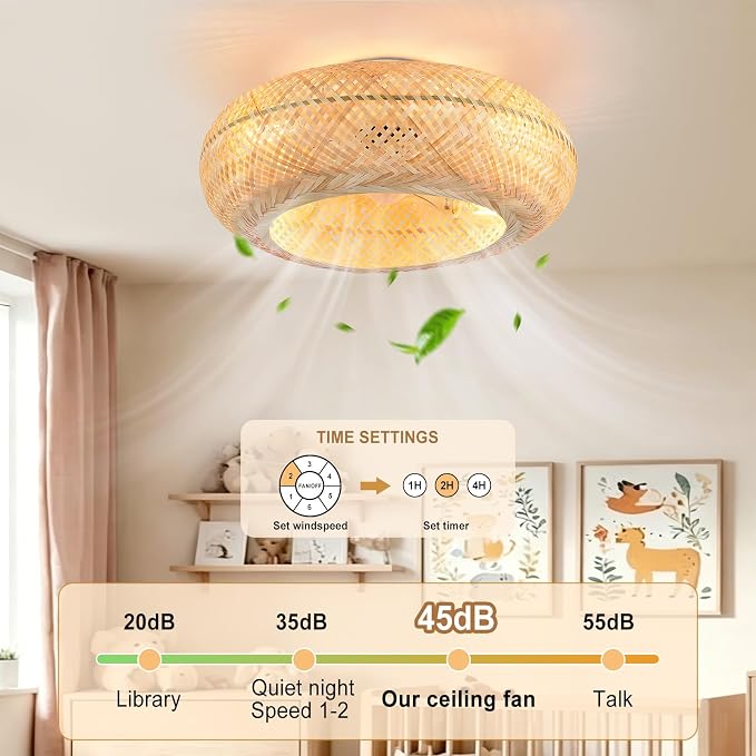 Depuley Boho Ceiling Fan with Light: 20 Inch Bamboo Woven Flush Mount Fandelier with Remote and Timer Control - Caged Ceiling Fan with 6 Speeds - Indoor Quiet Fan for Bedroom and Living Room