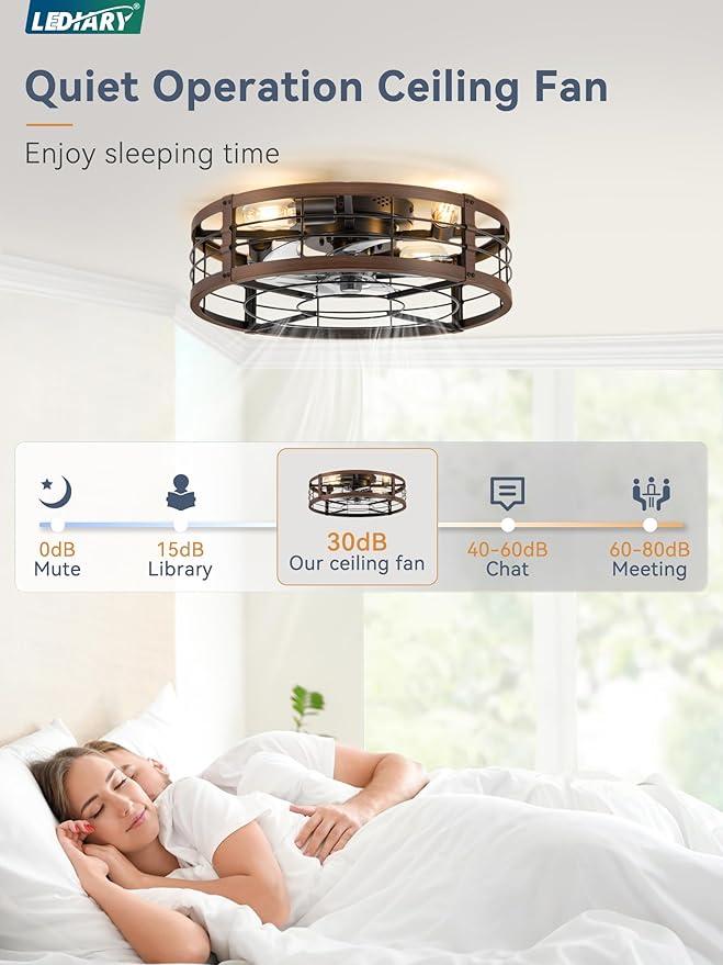 LEDIARY 20" Caged Ceiling Fan with Light and Remote, Low Profile Flush Mount Fandelier, Walnut Bladeless Enclosed Small Fan Lights Ceiling Fixtures, Rustic Farmhouse Style for Bedroom, Outdoor