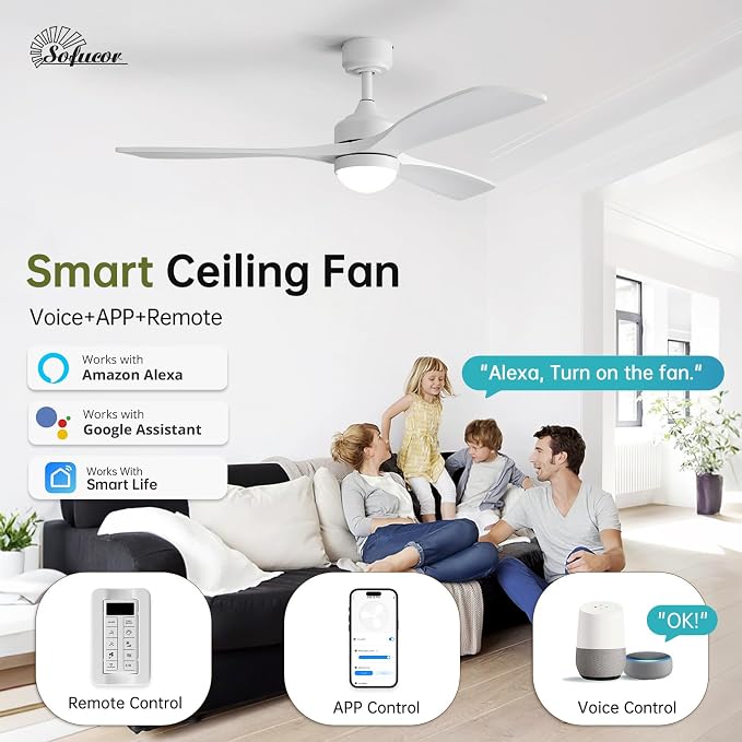 Sofucor 52" Smart Wood Ceiling Fans Lights, Flush Mount & Downrod Mount, 3 Wood Blades Modern Outdoor Ceiling Fans with Alexa/Google Assistant/APP/Remote Control for Bedroom, Farmhouse, Patio, Indoor
