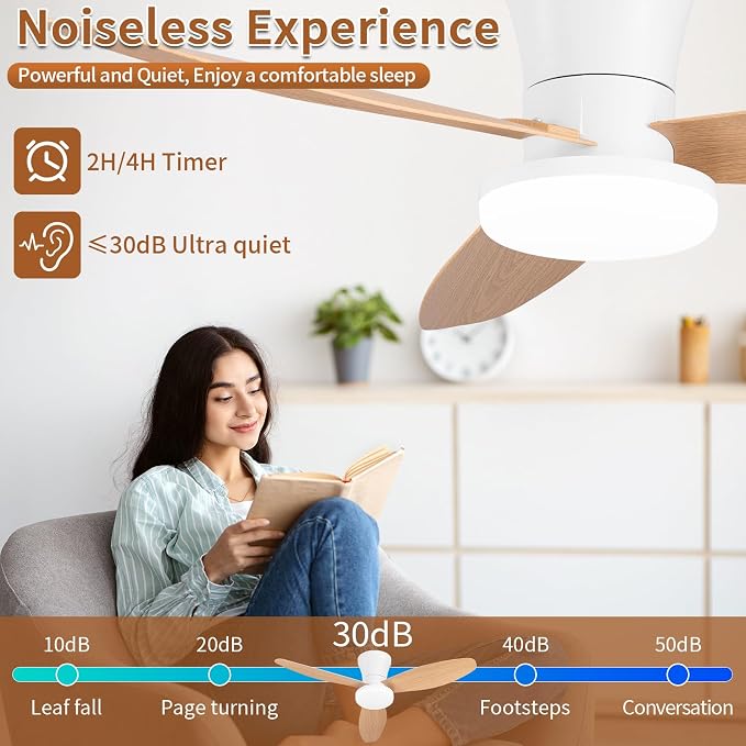 40 inch Ceiling Fan with Lights, Flush Mount with Remote Control | 3 Blades, 6 Speeds, Reversible Quiet DC Motor, Dimmable, 3000-6000K Adjustable, Timer, for Bedroom Dining Room Home Office