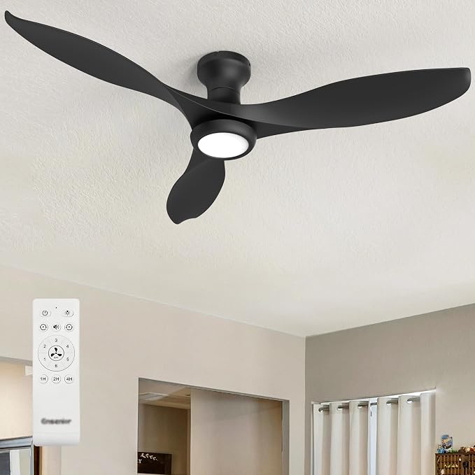Ensenior 52 Inch Flush Mount Ceiling Fan with Light and Remote, Black Low Profile Ceiling Fans with Lights for Bedroom Living Room, 3 ABS Blades, Modern Quiet Reversible DC Motor, 3CCT, 6 Speeds