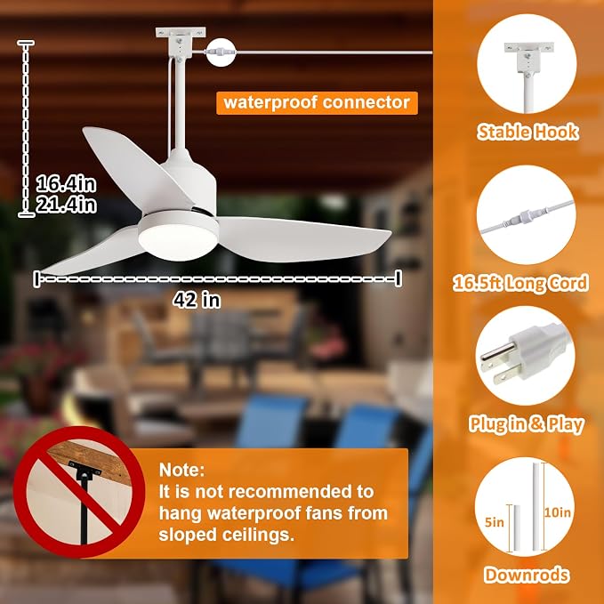 Depuley Outdoor Ceiling Fan with Light: 42 Inch White Waterproof Gazebo Fans with Lights Outdoor Hanging - Plug in Remote App Control for Patio Indoor Farmhouse Porch - 6 Speed Reversible DC Motor