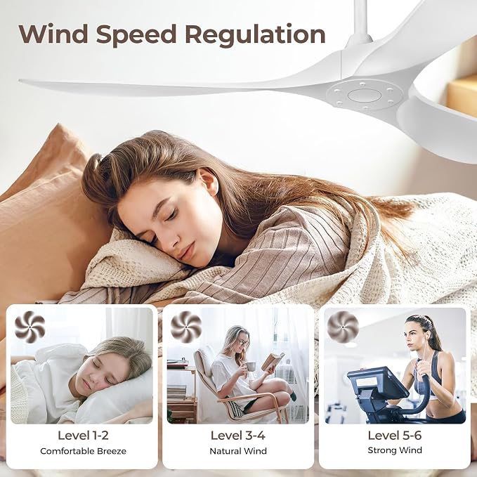 Obabala Ceiling Fan Without Lights,Outdoor Ceiling Fan with Remote, 6-Speed Adjustable Reversible DC Motor for Patio & Living Room (White, 52 in)