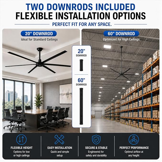 144-Inch HVLS Industrial Ceiling Fan Large Commercial Ceiling Fan +32,000 CFM with Remote, PMSM Motor, 6 Speeds, Reversible, for Warehouse, Gym, Barn, Shop, Garage | AA-Orion 144" (Black)