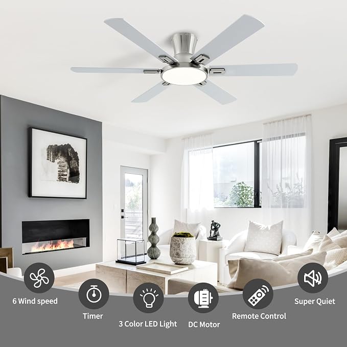 52 Inch Brushed Nickel Ceiling Fans with Lights and Remote,Flush Mount Low Profile 6 Blades Ceiling Fan with 10 Inch Lighting Fixture,Quiet Reversible DC Motor for Living Room,Bedroom and Patio