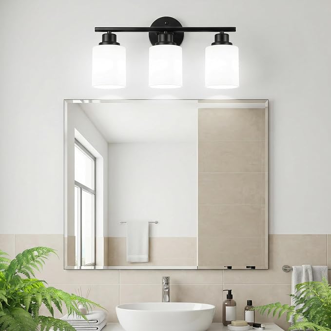 Unicozin 3 Light Bathroom Light Fixtures, Modern Vanity Lights with Milky Glass Shade, Black Wall Lamp Over Mirror for Bathroom, Living Room, Cabinet, Bedroom, E26 Base
