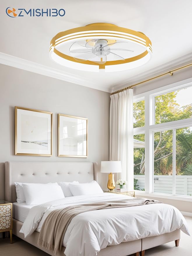 ZMISHIBO Low Profile Ceiling Fans with Lights and Remote, 20 Inch Flush Mount Ceiling Fan with Light, 3000K-6000K Dimmable Fandelier LED Fan Light, 6 Wind Speeds Gold Ceiling Fans for Bedroom