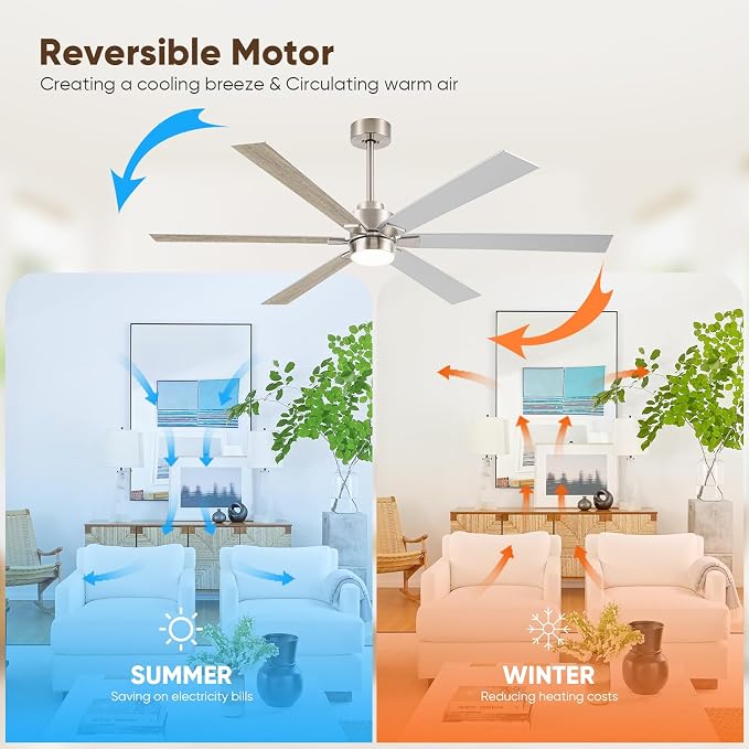 Outdoor Ceiling Fans for Patios with Light, 66 inch Large Ceiling Fans with Lights, Modern Indoor Exterior Large Airflow Commercial Ceiling Fan for Gazebo Porch Garage, Dual Finish-Nickel & Oak Gray