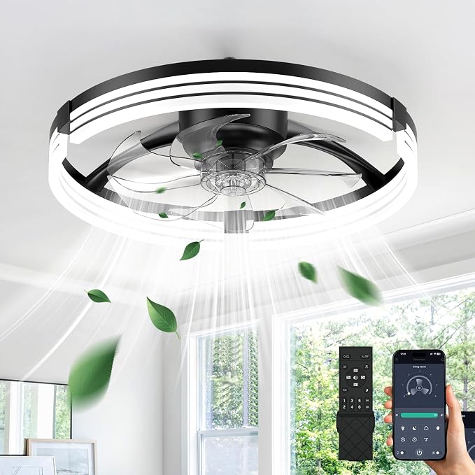 Ceiling Fans with Lights and Remote, 20'' Low Profile Ceiling Fan, 1-6 Wind Speeds, 3000-6500K Dimmable Flush Mount LED Fan Light, Modern Fandelier Ceiling Fans for Bedroom