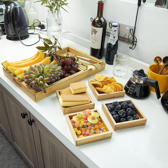 Wood Serving Tray with Handle, Set of 7 Nesting Rectangular Trays for Party | 4 Sizes Tray-Snacks to Entrees,Decorative Serving Platter for Breakfast Bed,Lunch,Ottoman,Coffee Table,BBQ-Great for Lap&Sofa