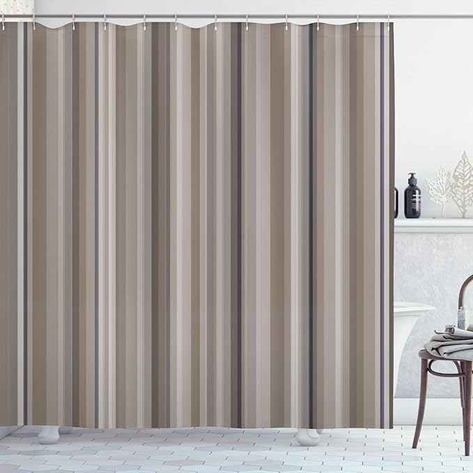 Ambesonne Stripes Shower Curtain, Abstract Ocean Inspired Palette Lines Geometrical Image Illustration, Cloth Fabric Bathroom Decor Set with Hooks, 70" Long, Warm Taupe