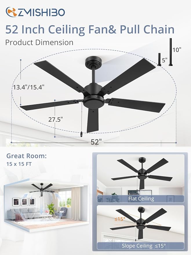 ZMISHIBO 52 Inch Ceiling Fan No Light with Pull Chain, Modern Ceiling Fan without Lights, 6-Speeds, Quiet DC Motor, Remote Control, Black Ceiling Fan for Bedroom, Living Room, Indoor/Outdoor Use