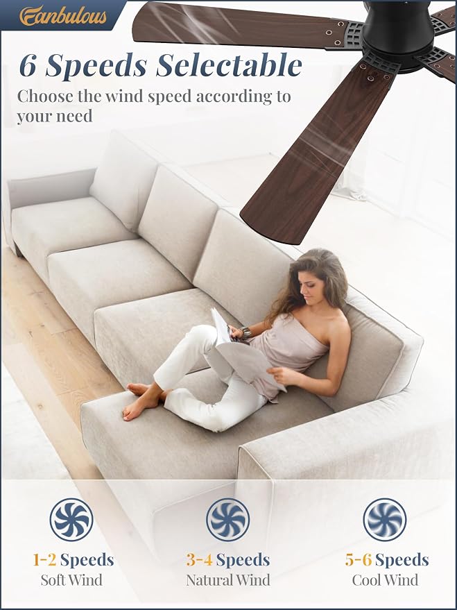 Fanbulous 52” Ceiling Fans with Lights and Remote, Flush Mount Ceiling Fan | Low Profile,Black Modern Ceiling Fan with LED Light, 5 Blades, 3CCT, 6 Speeds,Timer,Bedroom, Indoor, Outdoor,Living room