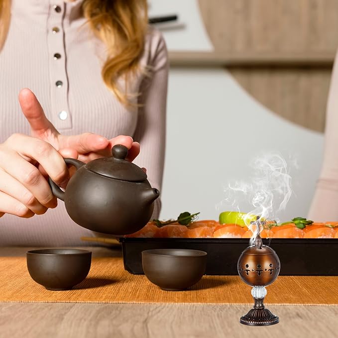Zonon 1 Set Incense Burner with Tong, Frankincense Charcoal Incense Stand Holder, Ideal for Yoga, Spa, Aromatherapy, Home and Christian Church Censer (Red Copper,Retro)