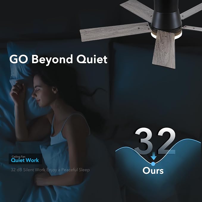 Rayqueen 42 Inch Flush Mount Black Ceiling Fans with Lights and Remote | 6 Speed Reversible DC motor,3-color temperature dimmable LED.For indoor/covered outdoor.Modern style for bedroom room