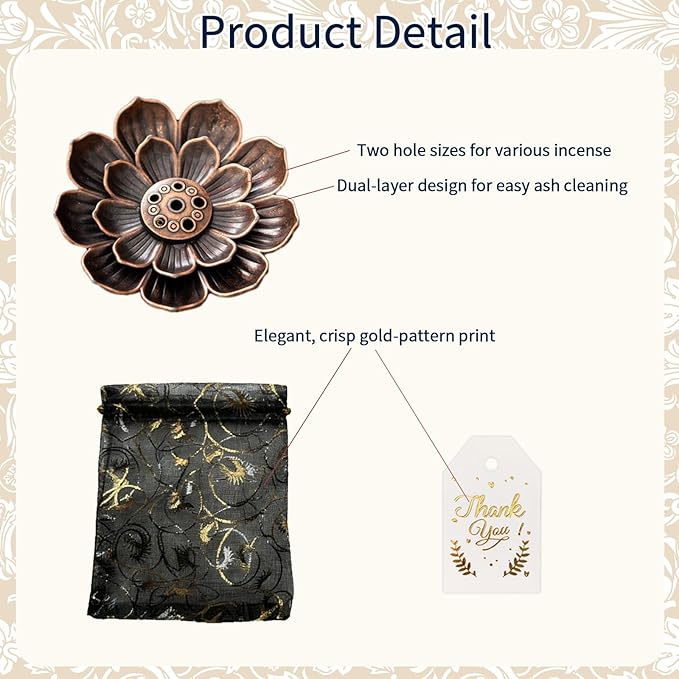 60Set Diwali Gifts Bulk, Lotus Incense Holder Set Ideal Return Gifts for Pooja, Brass Lotus Incense Sticks Holder with Organza Bag and Thank You Card for Indian Return Gift Party Favors