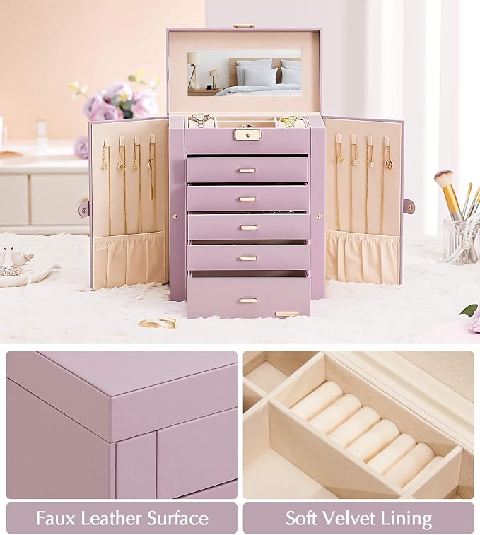 Homde Jewelry Box Large for Women: 6 Layers 5 Drawers Organizer with Mirror for Ring Earring Necklace - Storage Holder with Lock for Dresser (Gray Purple)